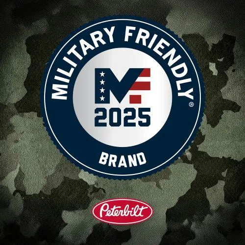 Military Friendly Brand logo above Peterbilt logo on top of camouflage green