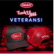 Thank You Veterans Headline over front and back of Peterbilt Veteran's hats.